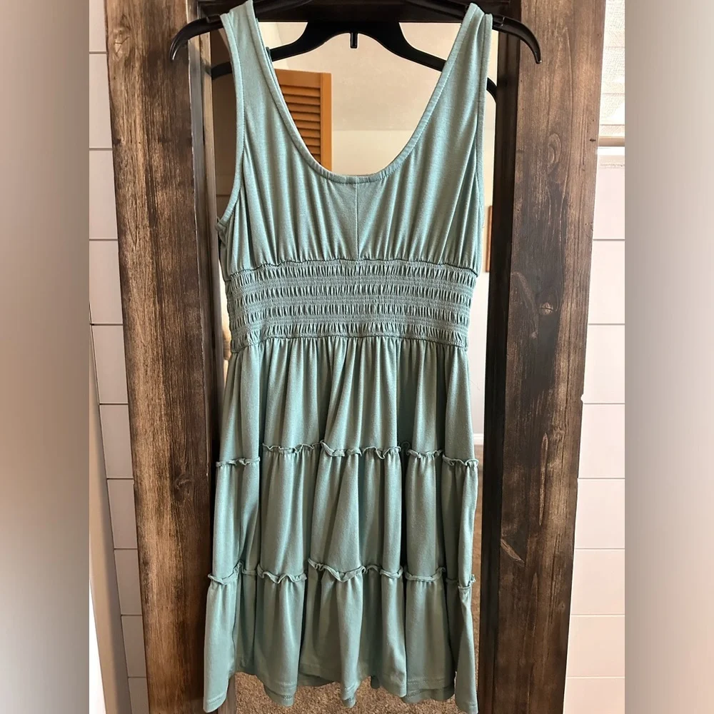 Dokotoo Sage Green Smocked Tiered Mini Dress Size M - Picture 2 of 3